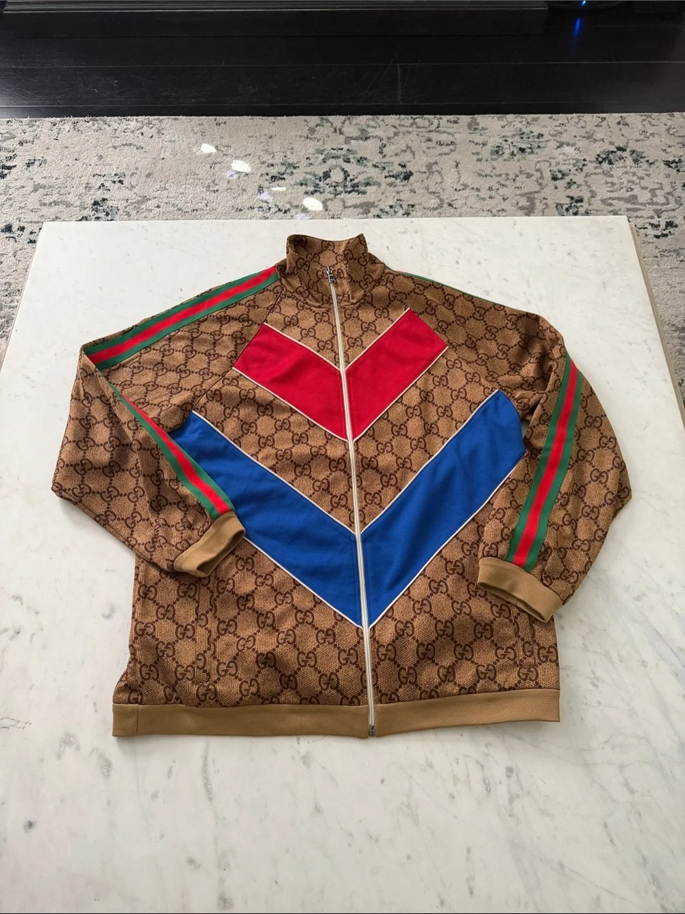 Gucci Brown Monogram Bomber Jacket with Red & Blue Chevrons